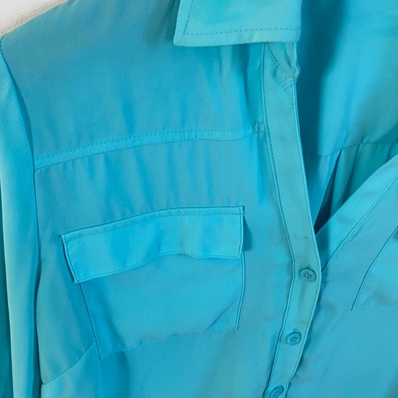 New York & Co. Teal long sleeve blouse with 3/4 roll tab sleeves, size M - Picture 3 of 5